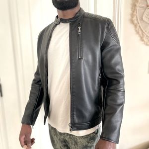Zara Mens Leather Biker Jacket- Shoulder Pad details and black zipped pockets